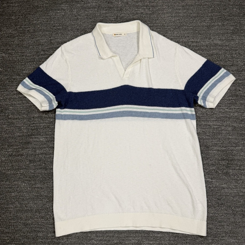 Marine Layer Greyson Johnny Collar Sweater Polo Medium White Natural Blue Knit